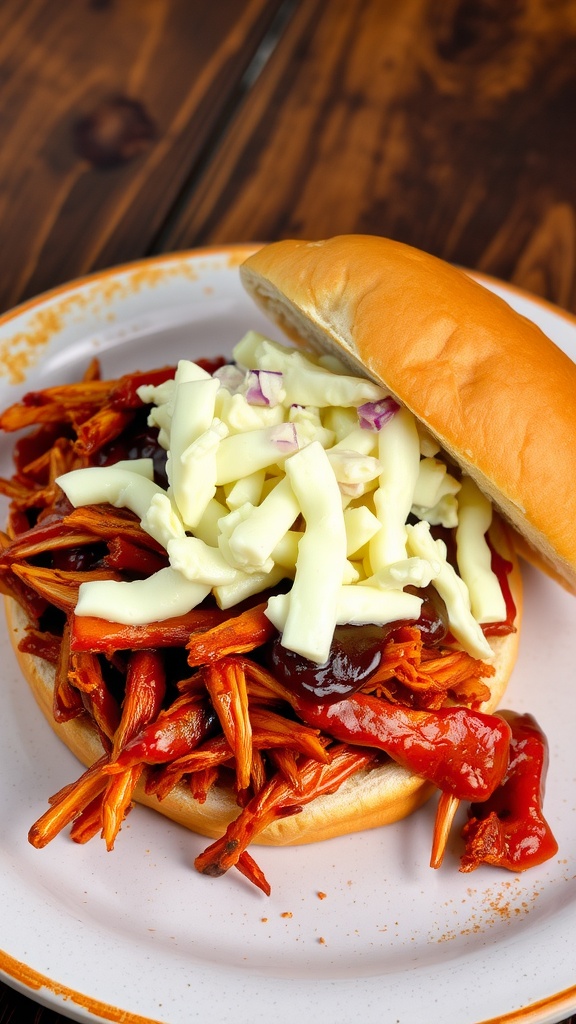 Shredded barbecue chicken on a bun with coleslaw, on a rustic wooden table.
